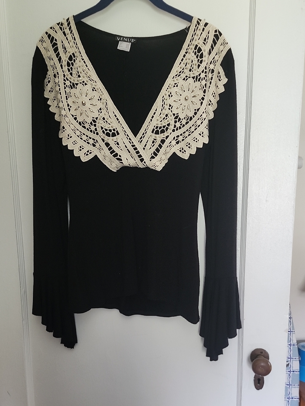 VENUS Black Long Sleeve Top with Cream Crochet Embellished V-Neckline Size Small